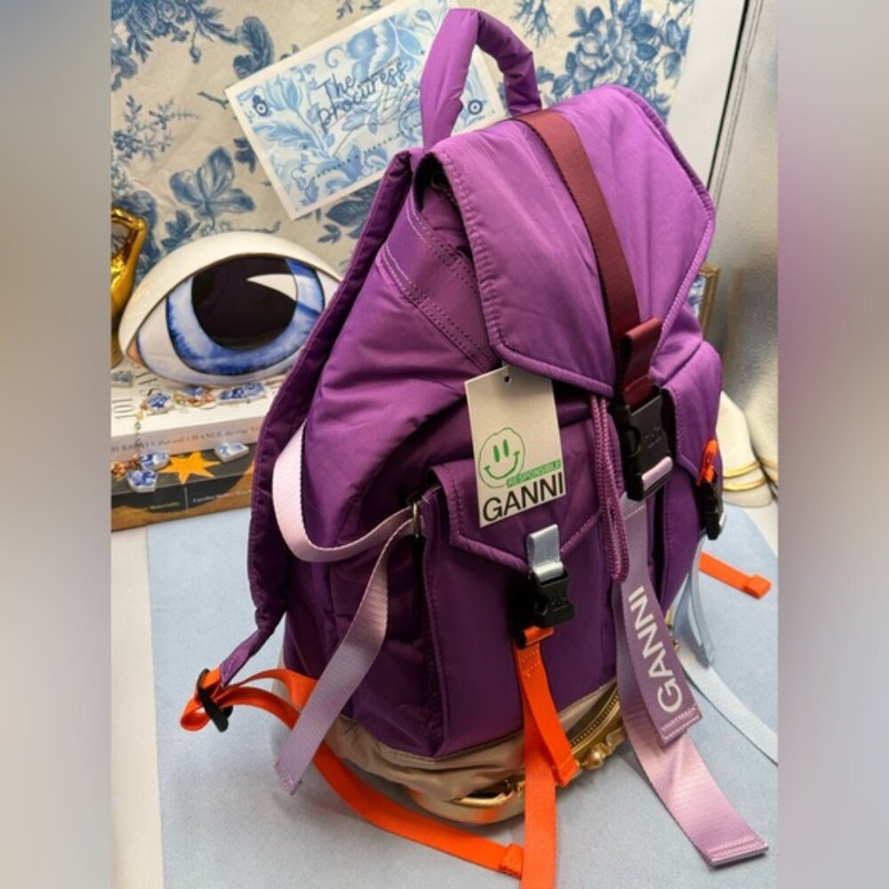 🆕 GANNI 🧿 NWT Recycled Tech Backpack, Purple Wine & Orange, Baby Blue - Picture 3 of 13